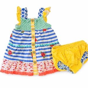 Matilda Jane Baby Dress & Bloomers Set | Colorful Patchwork | Girls size 6-12 mo